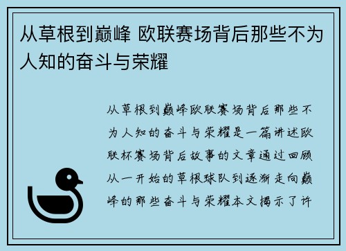 从草根到巅峰 欧联赛场背后那些不为人知的奋斗与荣耀