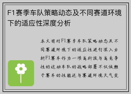 F1赛季车队策略动态及不同赛道环境下的适应性深度分析